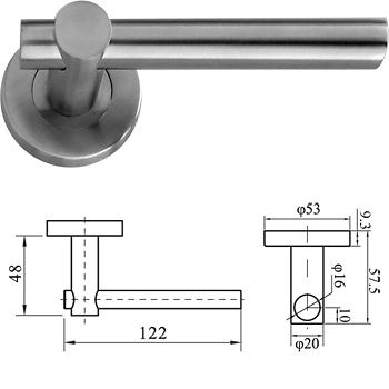 Maneta, roseta, tubular, inox, recta con cruce en forma de T